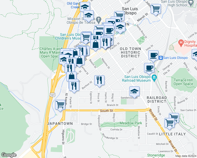 map of restaurants, bars, coffee shops, grocery stores, and more near 467 Buchon Street in San Luis Obispo