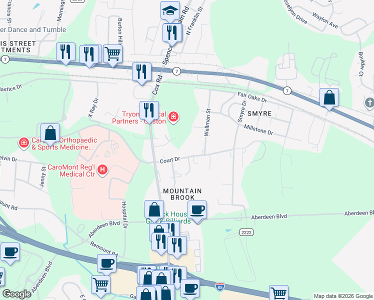 map of restaurants, bars, coffee shops, grocery stores, and more near 2700 Court Drive in Gastonia