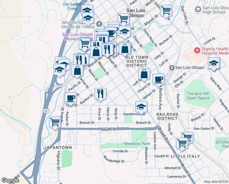 map of restaurants, bars, coffee shops, grocery stores, and more near 552 Islay Street in San Luis Obispo