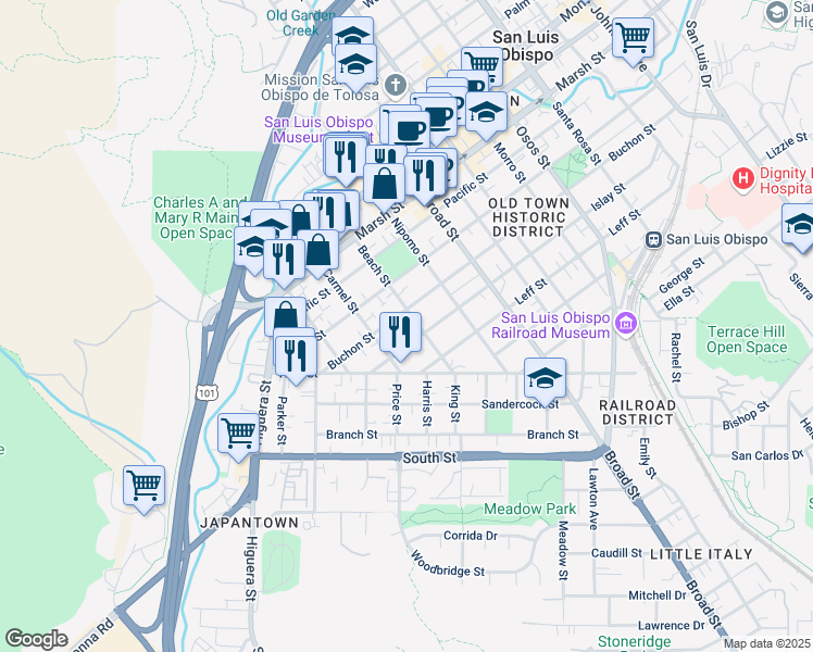 map of restaurants, bars, coffee shops, grocery stores, and more near 1521 Beach Street in San Luis Obispo