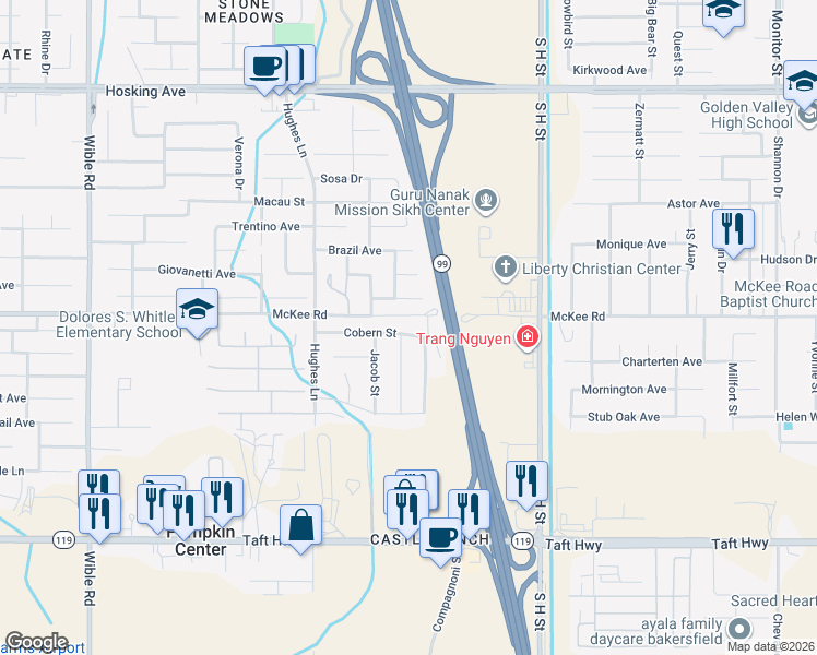 map of restaurants, bars, coffee shops, grocery stores, and more near 2118 Cobern Street in Bakersfield