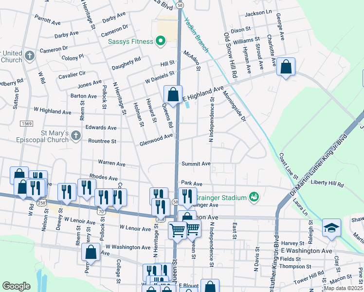 map of restaurants, bars, coffee shops, grocery stores, and more near 103 Wilson Avenue in Kinston