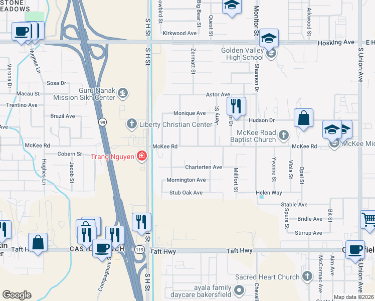 map of restaurants, bars, coffee shops, grocery stores, and more near 1307 McKee Road in Bakersfield