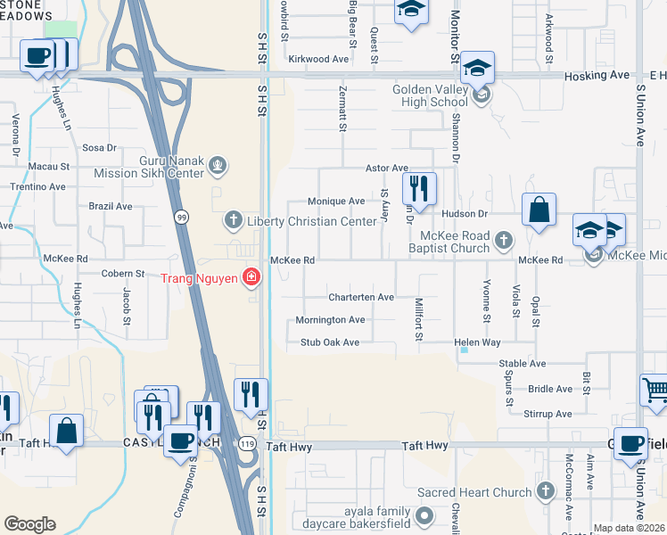 map of restaurants, bars, coffee shops, grocery stores, and more near 1307 McKee Road in Bakersfield