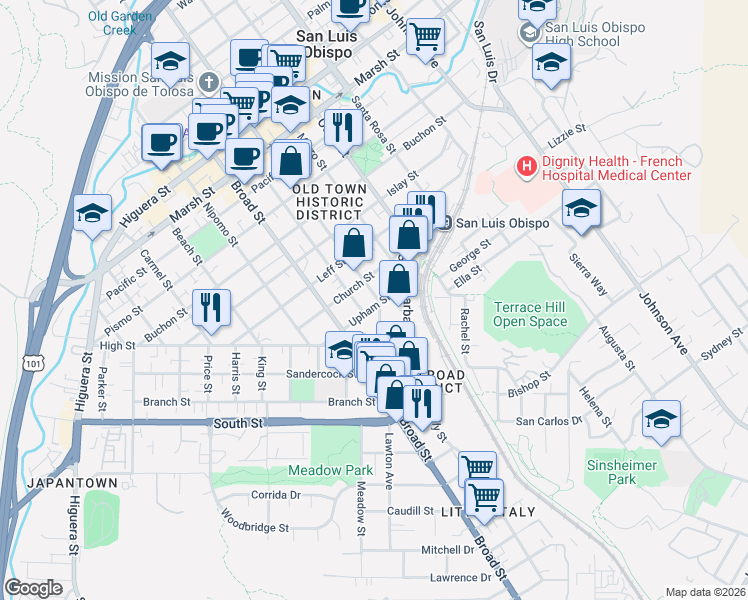 map of restaurants, bars, coffee shops, grocery stores, and more near 856 Upham Street in San Luis Obispo