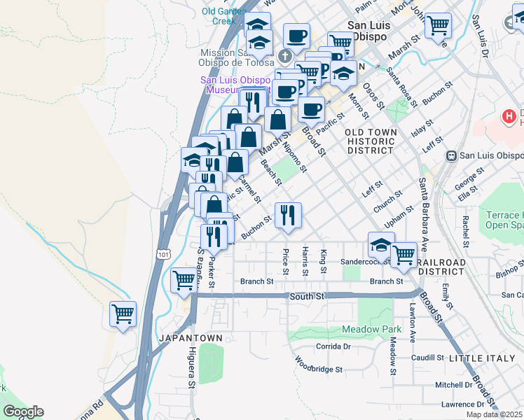 map of restaurants, bars, coffee shops, grocery stores, and more near 1418 Carmel Street in San Luis Obispo