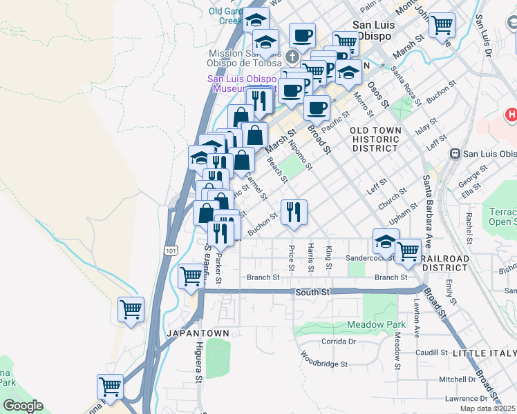map of restaurants, bars, coffee shops, grocery stores, and more near 350 Pismo Street in San Luis Obispo