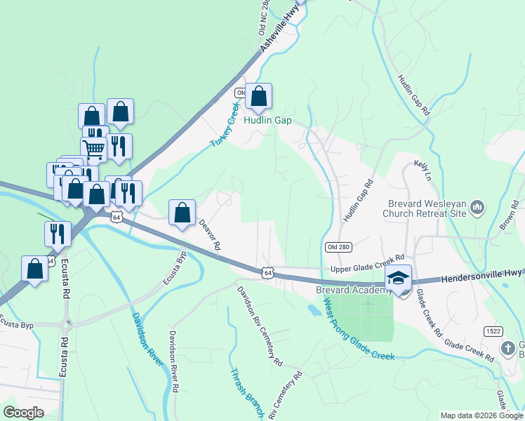 map of restaurants, bars, coffee shops, grocery stores, and more near 200 Riley Lane in Pisgah Forest