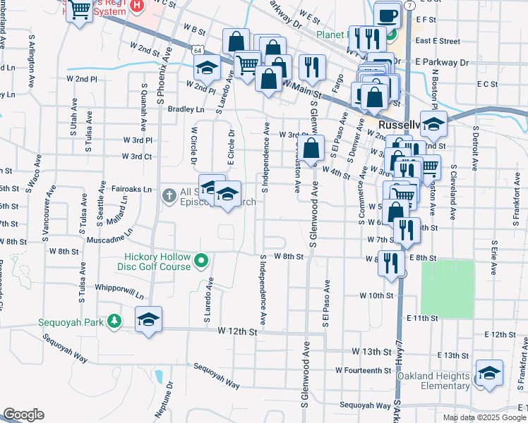 map of restaurants, bars, coffee shops, grocery stores, and more near 512 South Independence Avenue in Russellville