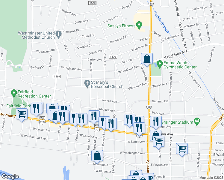 map of restaurants, bars, coffee shops, grocery stores, and more near 1114 College Street in Kinston
