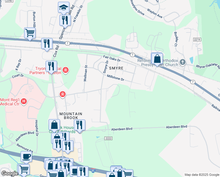 map of restaurants, bars, coffee shops, grocery stores, and more near 2985 Court Drive in Gastonia