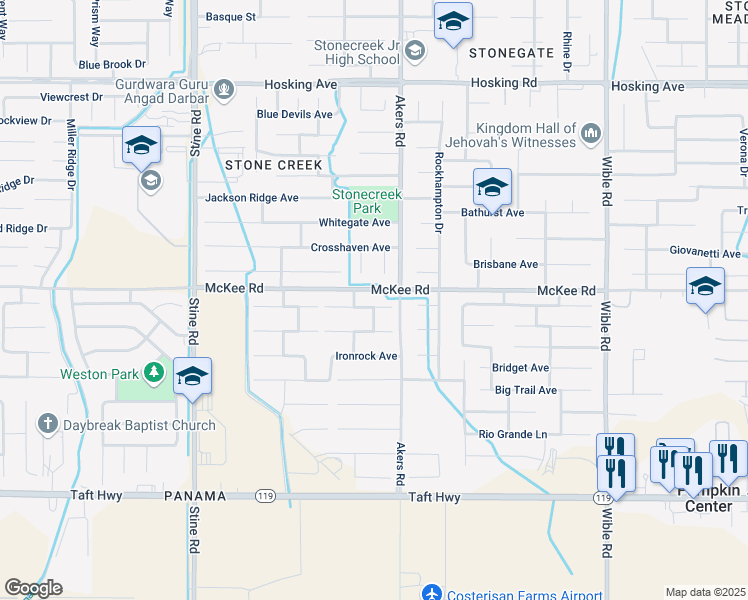 map of restaurants, bars, coffee shops, grocery stores, and more near 4116 Greenrock Avenue in Bakersfield