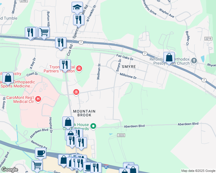 map of restaurants, bars, coffee shops, grocery stores, and more near 2866 Court Drive in Gastonia