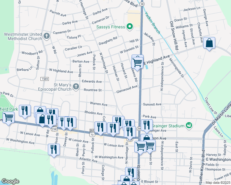 map of restaurants, bars, coffee shops, grocery stores, and more near 1301 North Herritage Street in Kinston