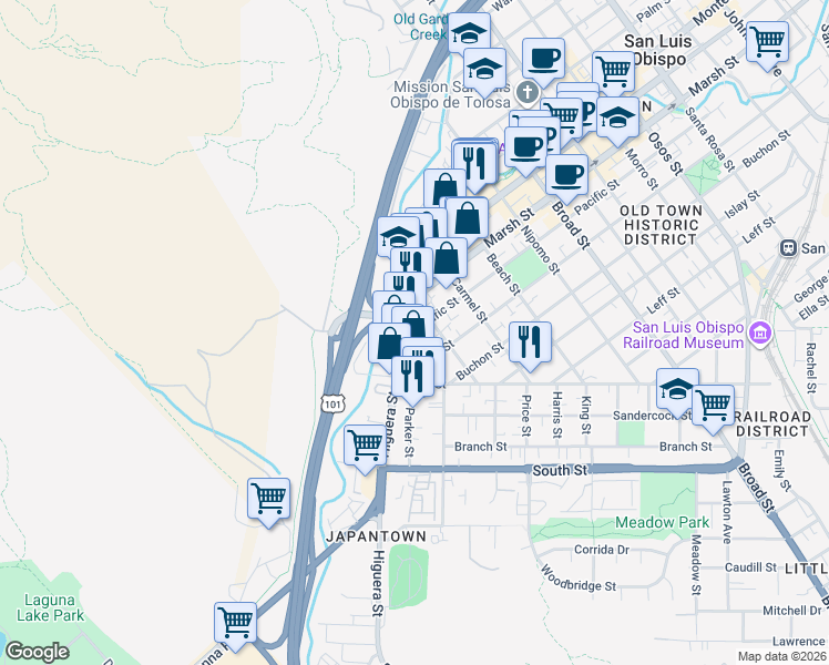 map of restaurants, bars, coffee shops, grocery stores, and more near 200 Pacific Street in San Luis Obispo