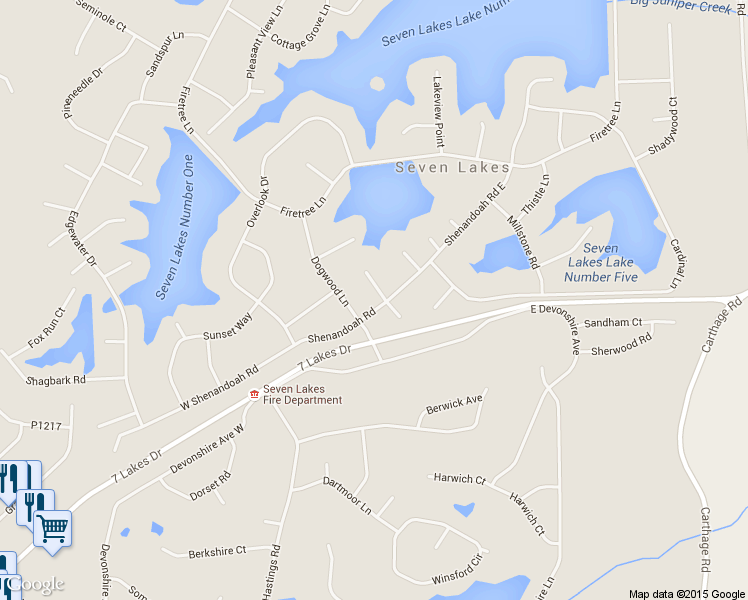 map of restaurants, bars, coffee shops, grocery stores, and more near 101 Sweetbriar Court in Seven Lakes
