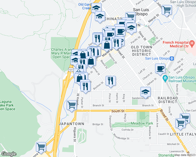 map of restaurants, bars, coffee shops, grocery stores, and more near 381 Pismo Street in San Luis Obispo