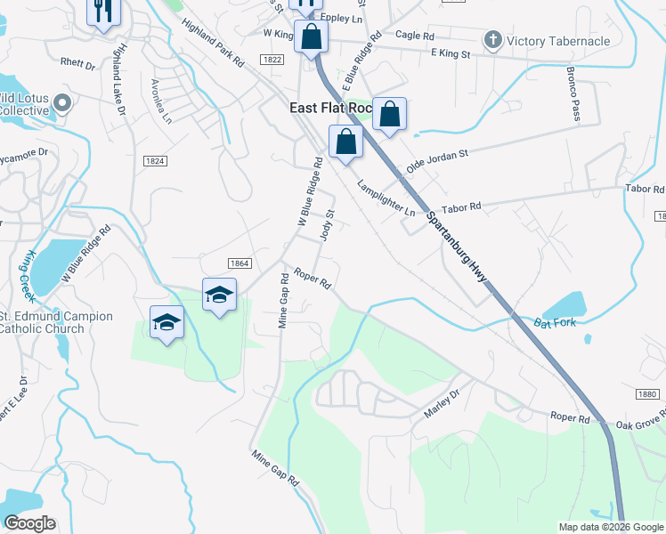 map of restaurants, bars, coffee shops, grocery stores, and more near 73 Valentine Street in East Flat Rock