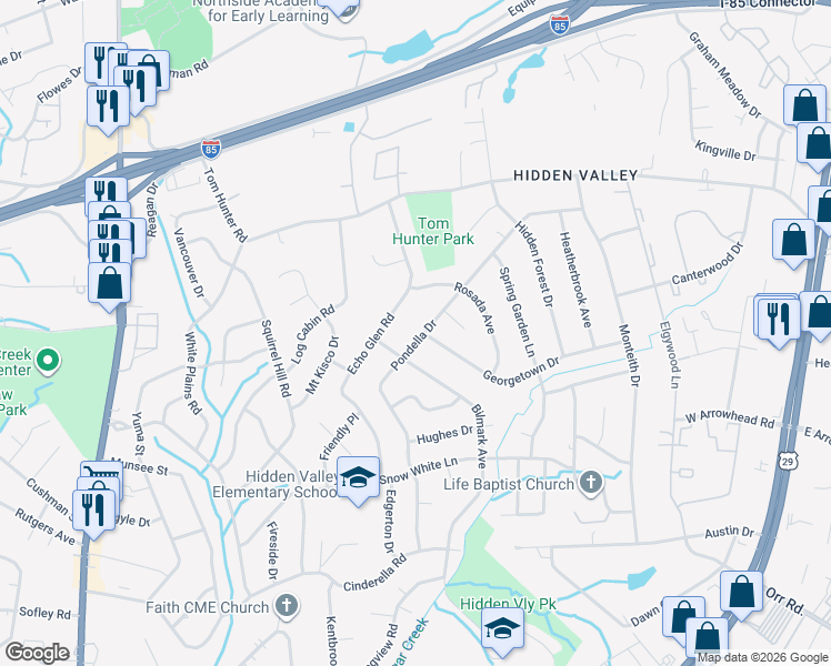 map of restaurants, bars, coffee shops, grocery stores, and more near 1237 Pondella Drive in Charlotte