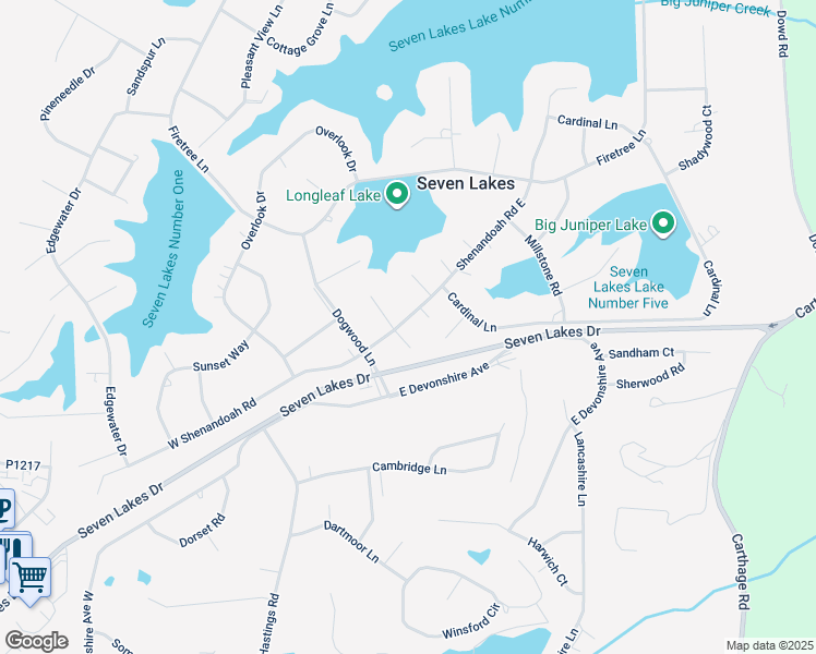 map of restaurants, bars, coffee shops, grocery stores, and more near 104 Shenandoah Road in Seven Lakes