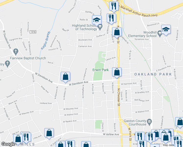 map of restaurants, bars, coffee shops, grocery stores, and more near 913 North Pryor Street in Gastonia