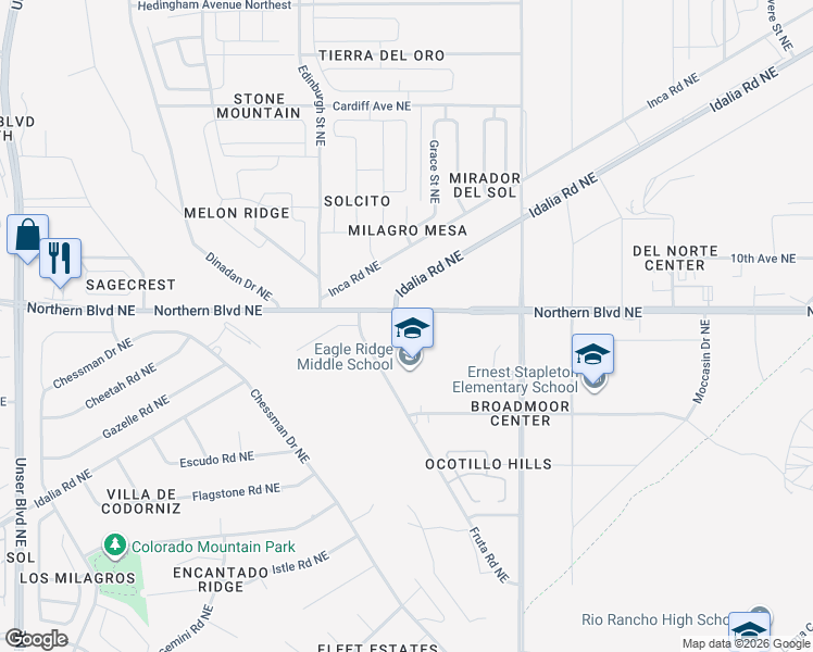map of restaurants, bars, coffee shops, grocery stores, and more near 2736 Northern Boulevard Northeast in Rio Rancho