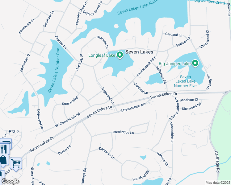 map of restaurants, bars, coffee shops, grocery stores, and more near 101 Sweetbriar Court in Seven Lakes