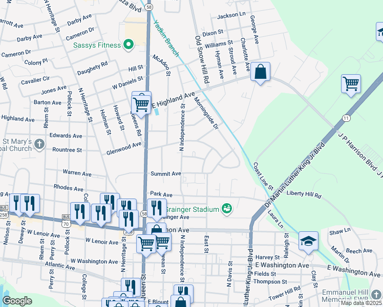 map of restaurants, bars, coffee shops, grocery stores, and more near 306 Sherwood Avenue in Kinston