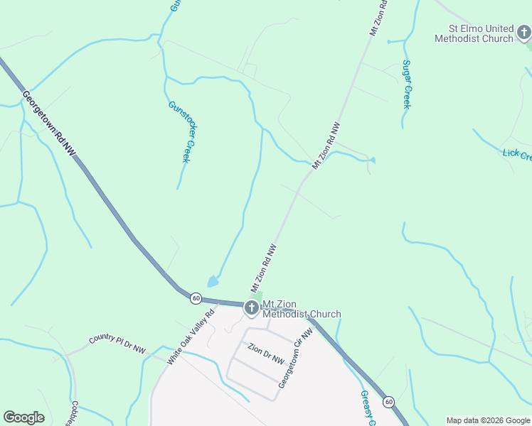 map of restaurants, bars, coffee shops, grocery stores, and more near 257 Mount Zion Road Northwest in Georgetown