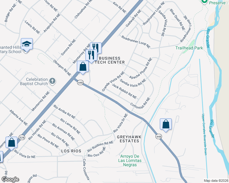 map of restaurants, bars, coffee shops, grocery stores, and more near 6074 Jack Rabbit Road Northeast in Rio Rancho