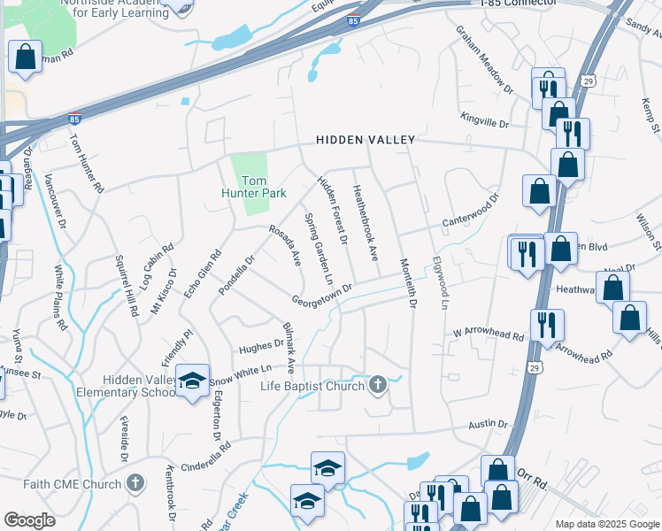 map of restaurants, bars, coffee shops, grocery stores, and more near 6403 Spring Garden Lane in Charlotte