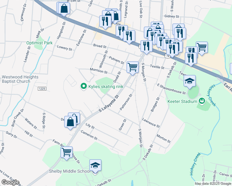 map of restaurants, bars, coffee shops, grocery stores, and more near 1218 S Lafayette St in Shelby