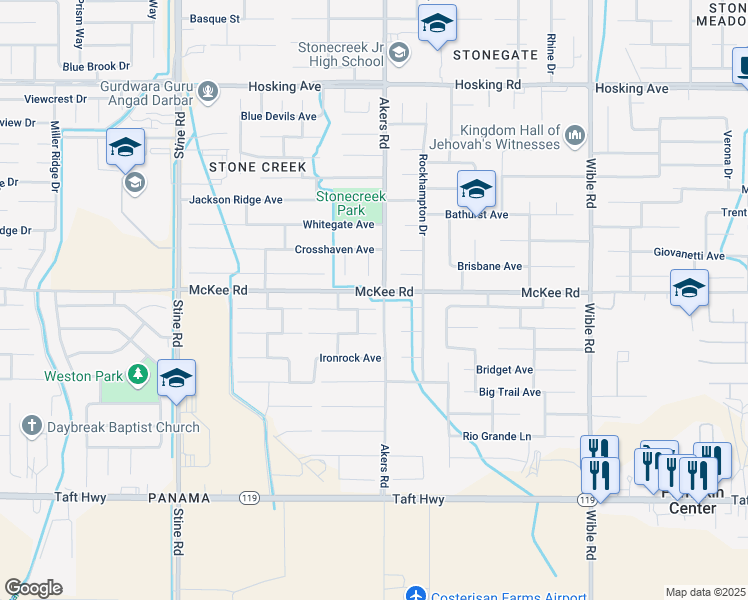 map of restaurants, bars, coffee shops, grocery stores, and more near 4116 Greenrock Avenue in Bakersfield