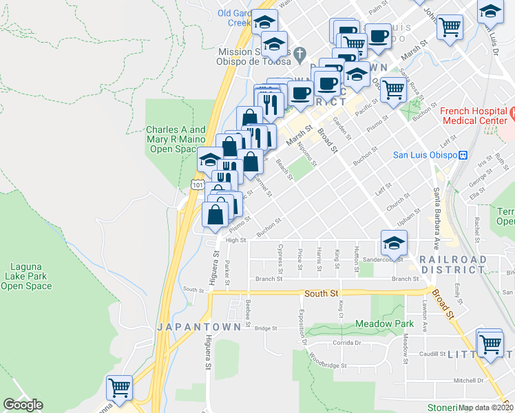 map of restaurants, bars, coffee shops, grocery stores, and more near 350 Pismo Street in San Luis Obispo