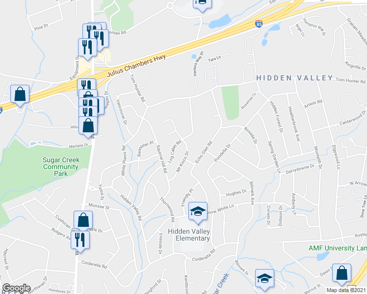map of restaurants, bars, coffee shops, grocery stores, and more near 1131 Mount Kisco Drive in Charlotte