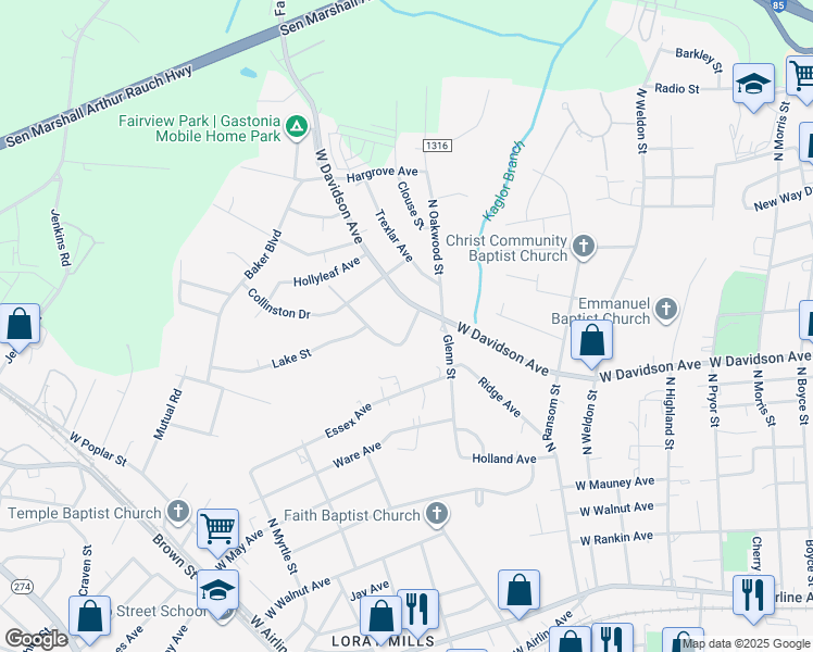 map of restaurants, bars, coffee shops, grocery stores, and more near 705 Evening Shade Lane in Gastonia