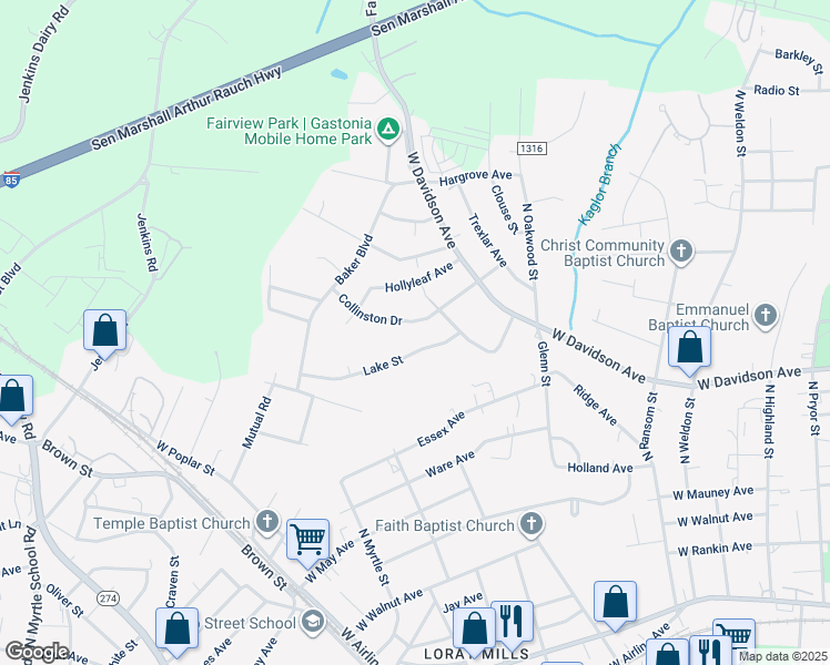 map of restaurants, bars, coffee shops, grocery stores, and more near 1505 Collinston Drive in Gastonia