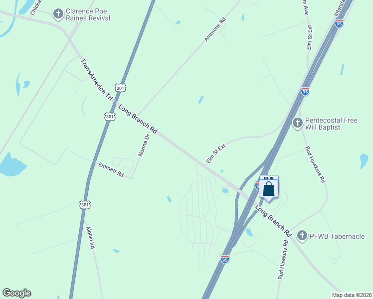 map of restaurants, bars, coffee shops, grocery stores, and more near 405 Long Branch Road in Dunn