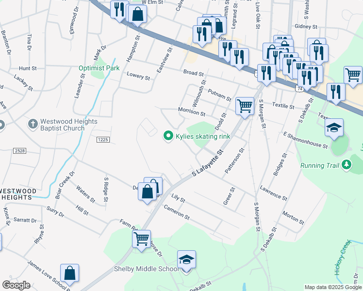map of restaurants, bars, coffee shops, grocery stores, and more near 205 Ramblewood Drive in Shelby
