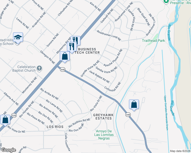 map of restaurants, bars, coffee shops, grocery stores, and more near 6074 Jack Rabbit Rd NE in Rio Rancho