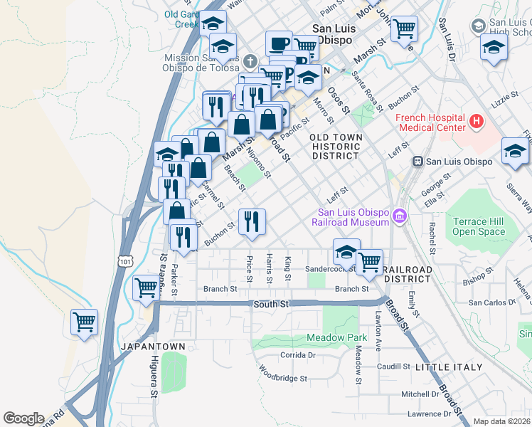 map of restaurants, bars, coffee shops, grocery stores, and more near 1503 Beach Street in San Luis Obispo