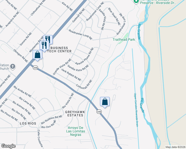 map of restaurants, bars, coffee shops, grocery stores, and more near 6159 Cottontail Road Northeast in Rio Rancho