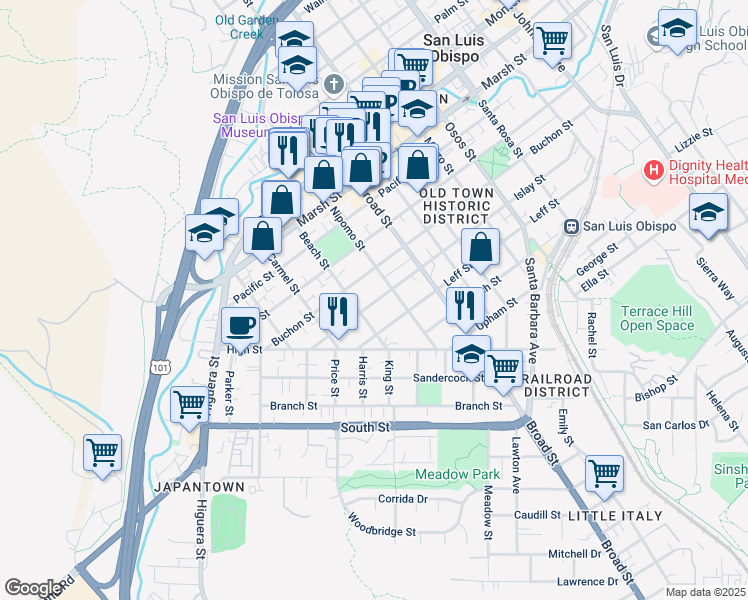 map of restaurants, bars, coffee shops, grocery stores, and more near 552 Islay Street in San Luis Obispo