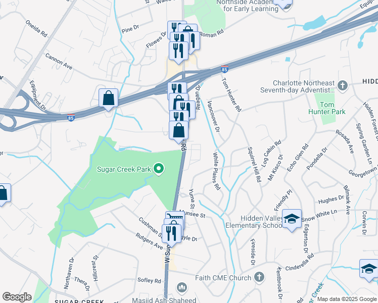 map of restaurants, bars, coffee shops, grocery stores, and more near 4445 Merlane Drive in Charlotte