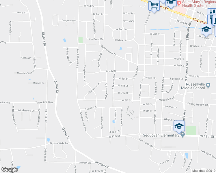 map of restaurants, bars, coffee shops, grocery stores, and more near 1104 Ridgewood Drive in Russellville