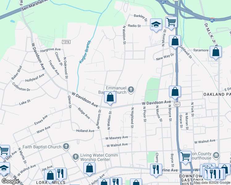 map of restaurants, bars, coffee shops, grocery stores, and more near 824 North Weldon Street in Gastonia