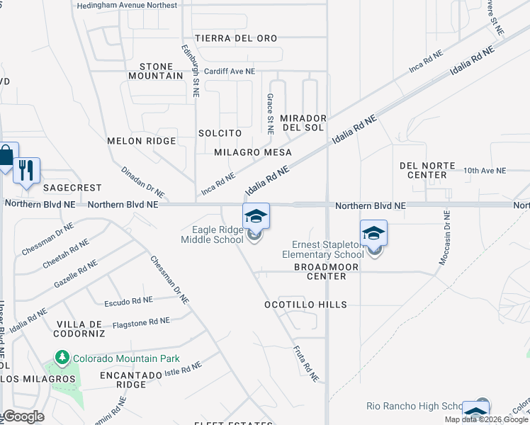map of restaurants, bars, coffee shops, grocery stores, and more near Northern Boulevard Northeast in Rio Rancho