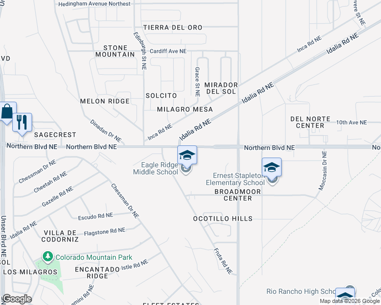 map of restaurants, bars, coffee shops, grocery stores, and more near 2736 Northern Boulevard Northeast in Rio Rancho