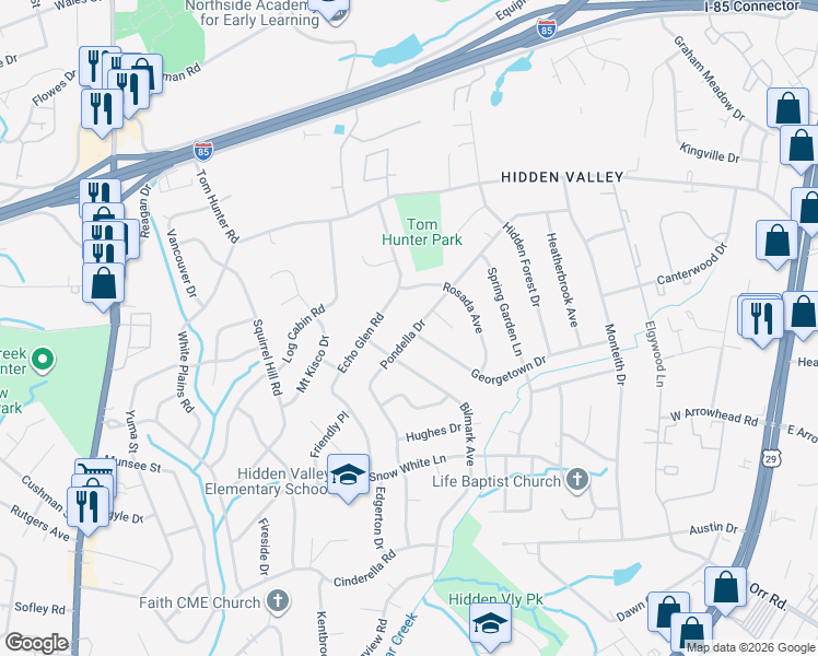 map of restaurants, bars, coffee shops, grocery stores, and more near 1237 Pondella Drive in Charlotte