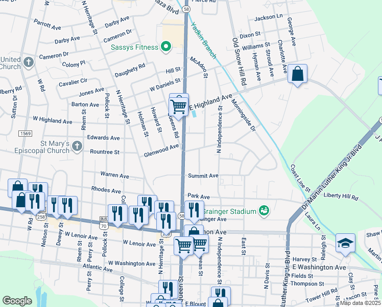 map of restaurants, bars, coffee shops, grocery stores, and more near 103 Wilson Avenue in Kinston
